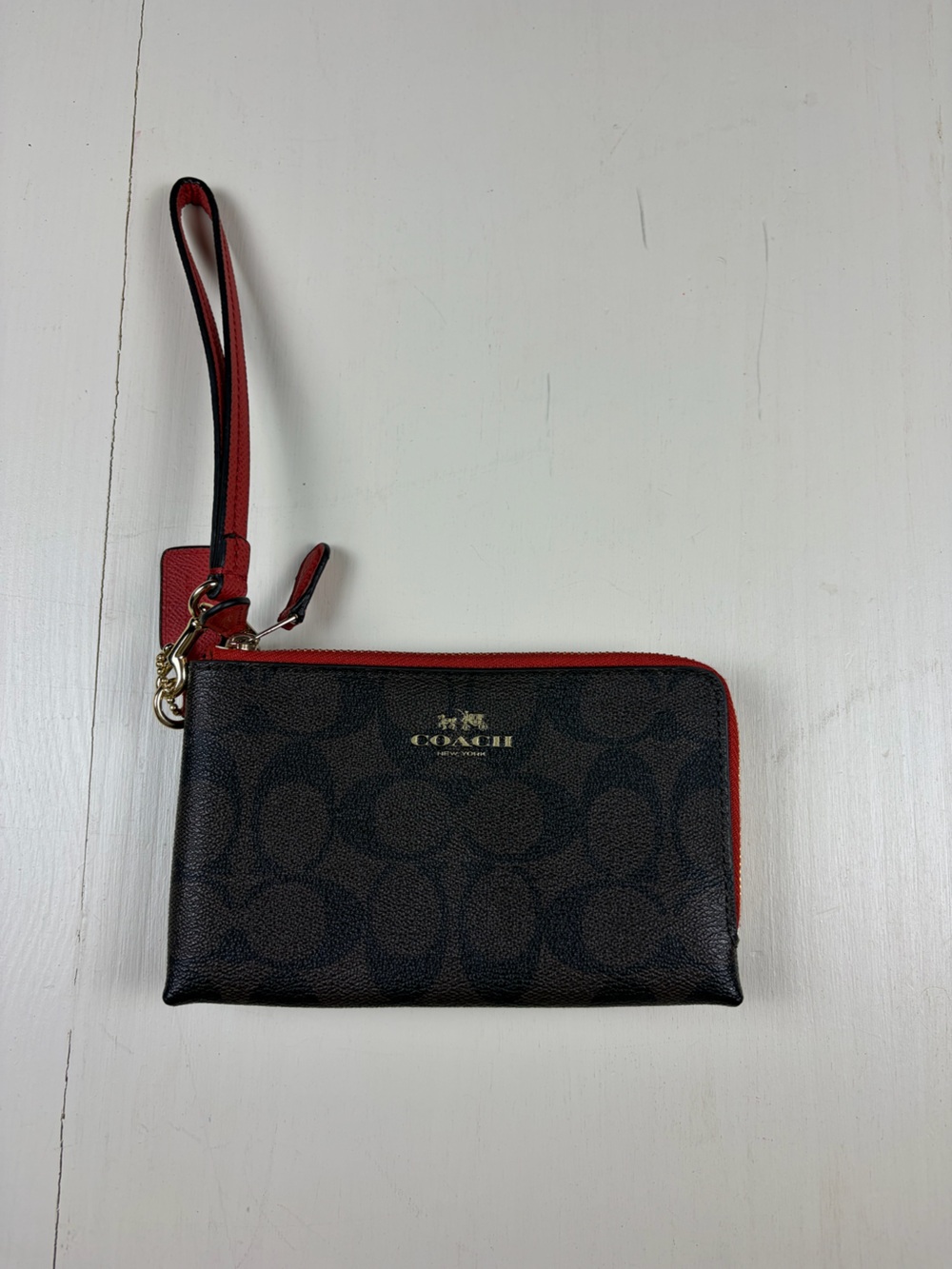 Coach Brown Signature Canvas Wristlet with Red Trim